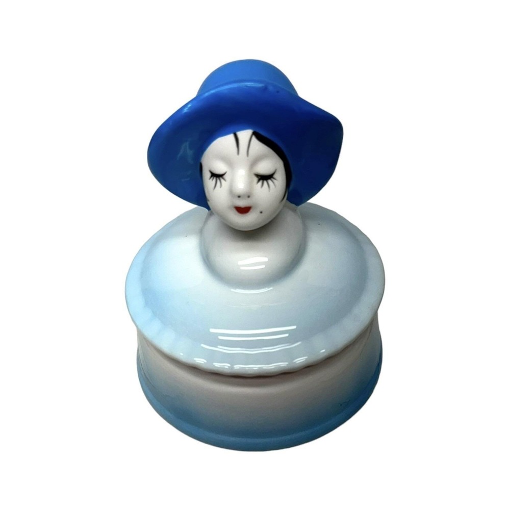 Vintage Irice Ceramic Round Art Deco Flapper Girl Teal Powder Vanity Trinket Box